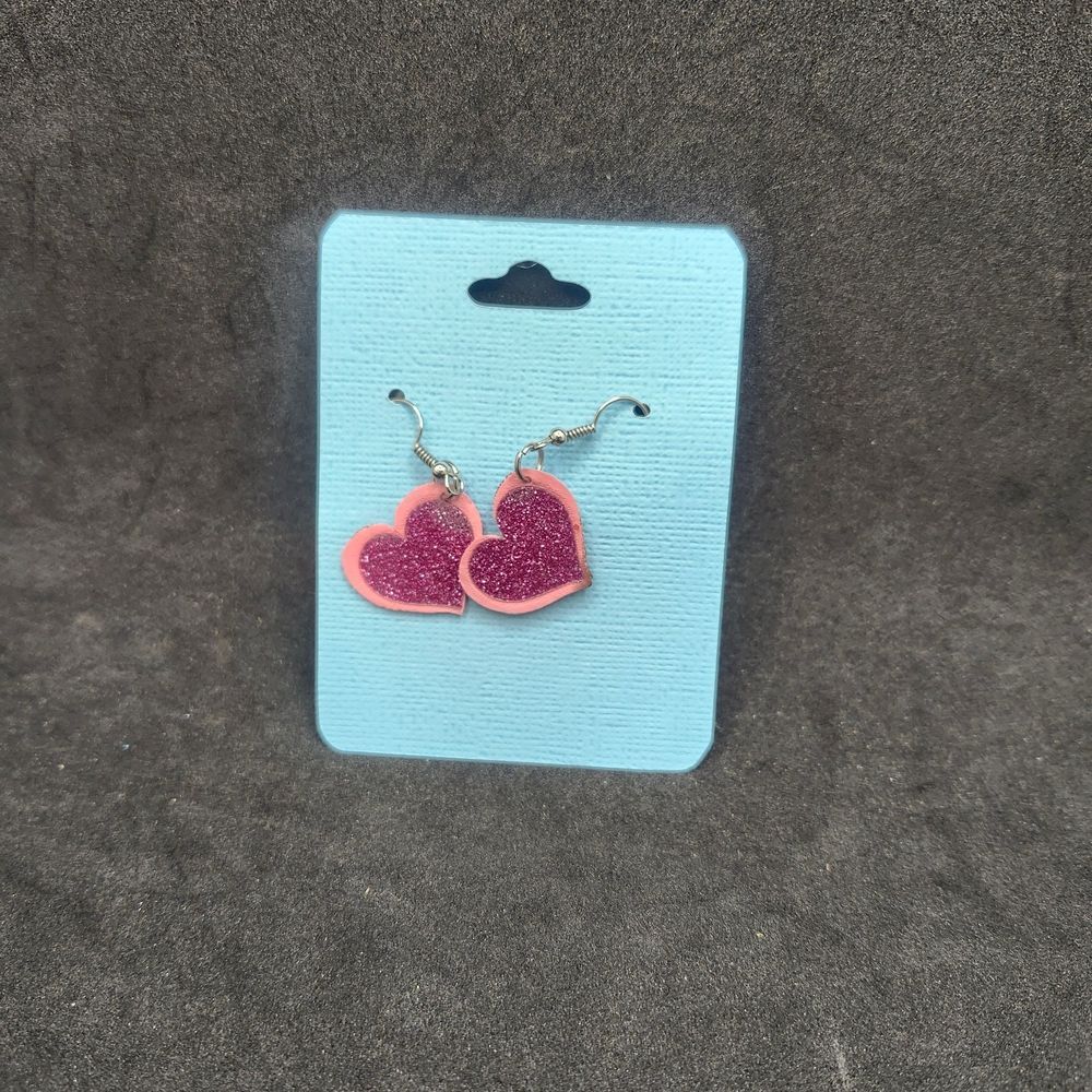 Hand Crafted Pink Heart Faux Leather Dangle Glitter Earrings